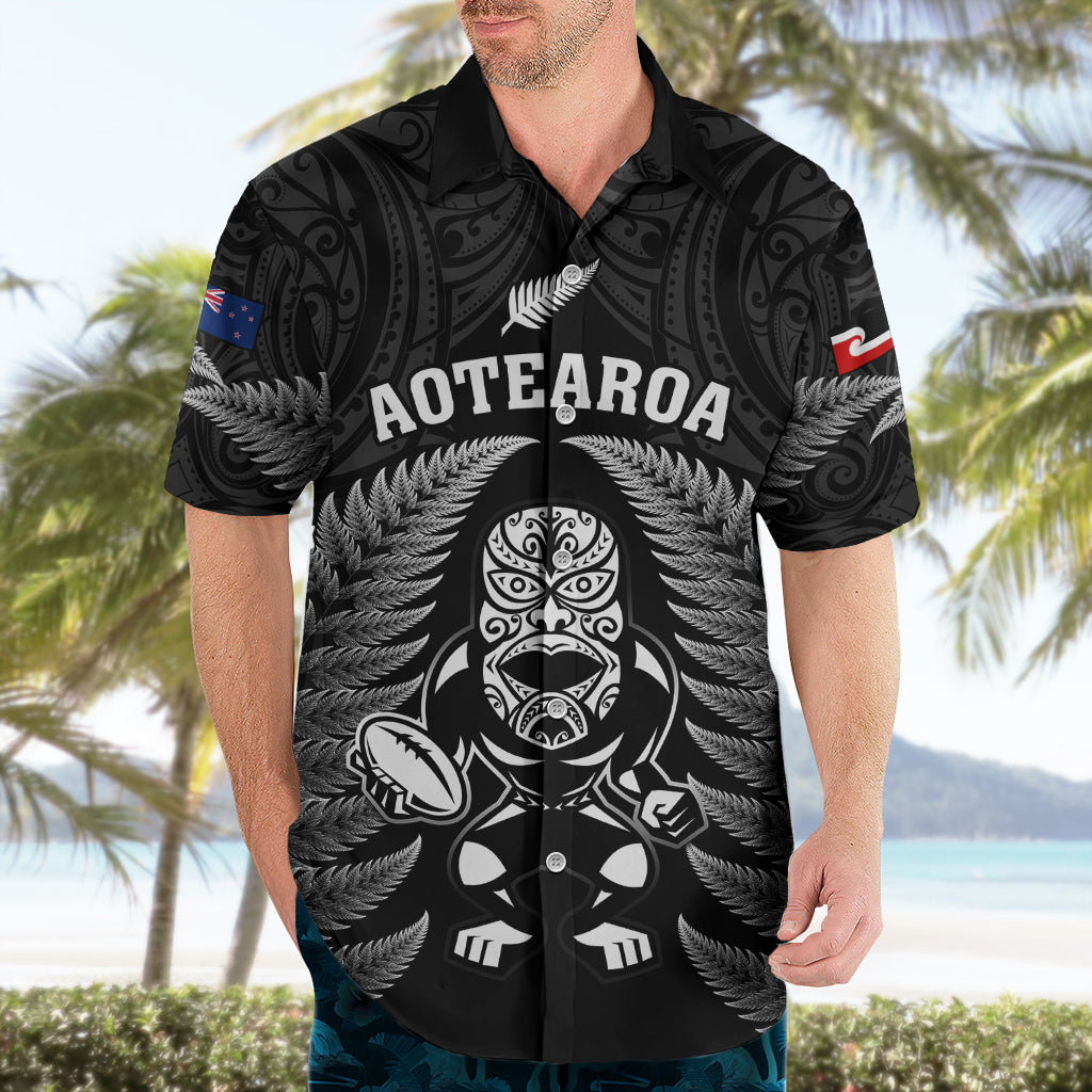 New Zealand Aotearoa Rugby Hawaiian Shirt NZ Tiki With Maori Fern World Cup Black Version - Vibe Hoodie Shop