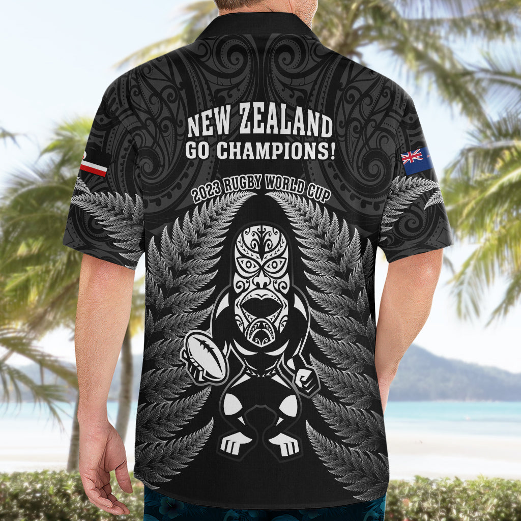 New Zealand Aotearoa Rugby Hawaiian Shirt NZ Tiki With Maori Fern World Cup Black Version - Vibe Hoodie Shop