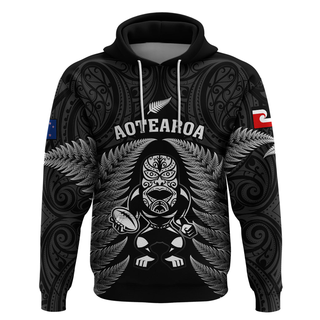 New Zealand Aotearoa Rugby Hoodie NZ Tiki With Maori Fern World Cup Black Version - Vibe Hoodie Shop