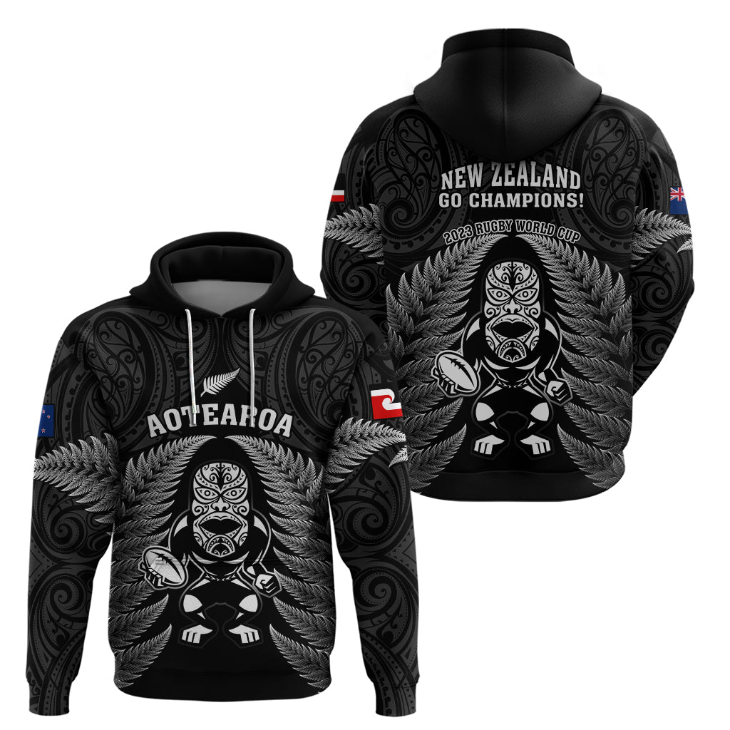 New Zealand Aotearoa Rugby Hoodie NZ Tiki With Maori Fern World Cup Black Version - Vibe Hoodie Shop