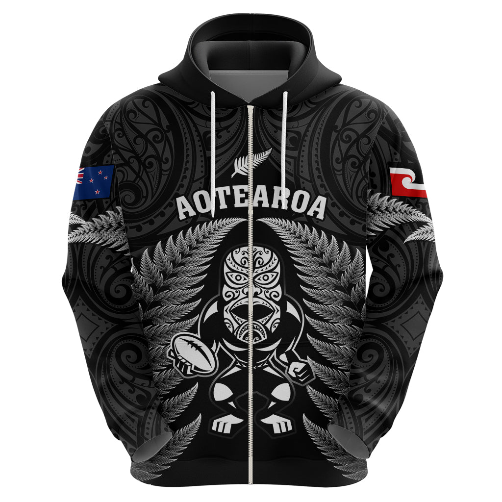 New Zealand Aotearoa Rugby Hoodie NZ Tiki With Maori Fern World Cup Black Version - Vibe Hoodie Shop