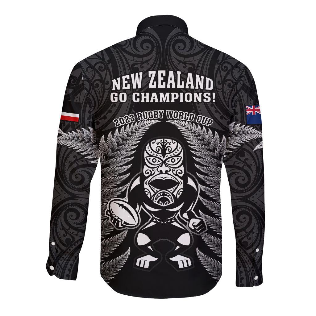 New Zealand Aotearoa Rugby Long Sleeve Button Shirt NZ Tiki With Maori Fern World Cup Black Version - Vibe Hoodie Shop