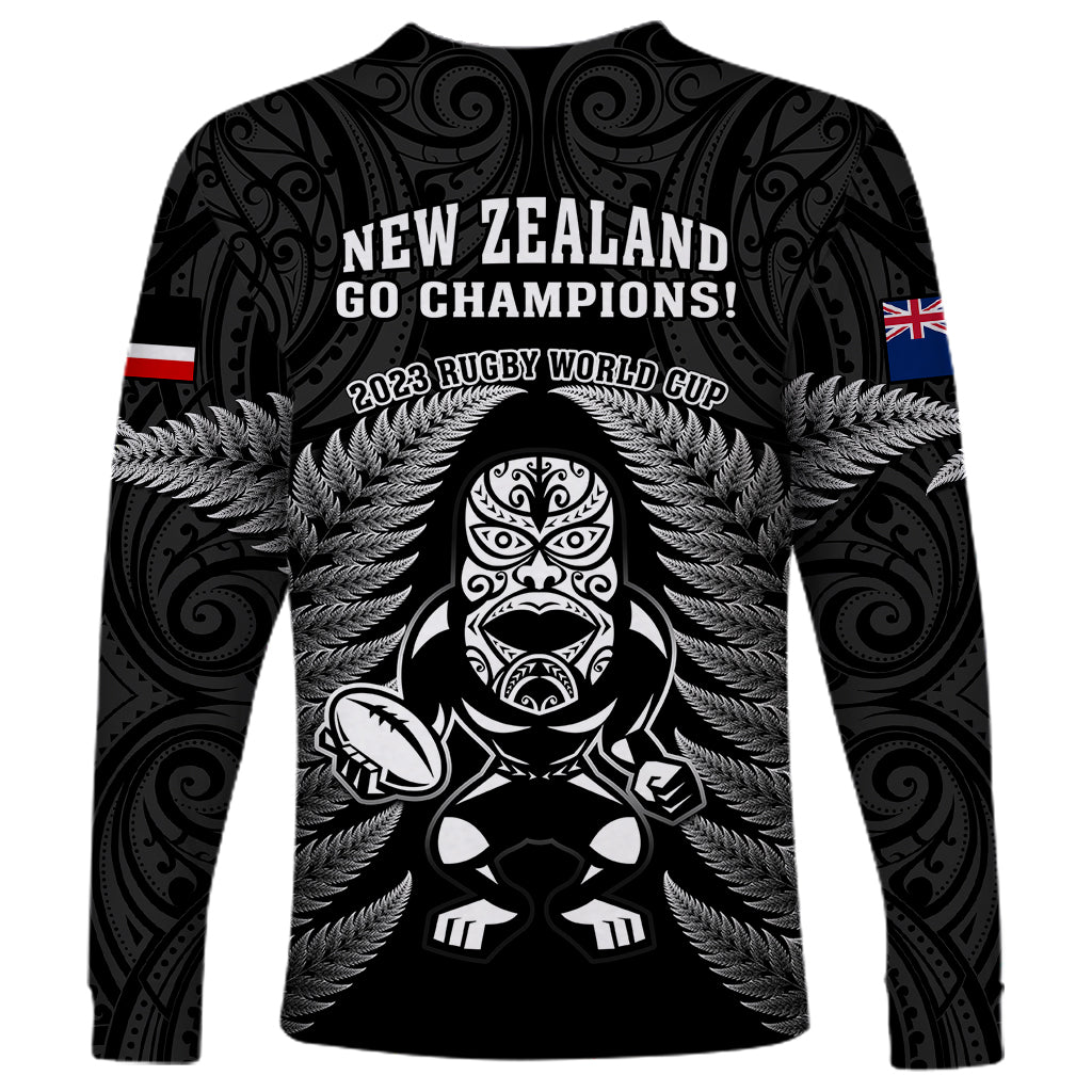 New Zealand Aotearoa Rugby Long Sleeve Shirt NZ Tiki With Maori Fern World Cup Black Version - Vibe Hoodie Shop