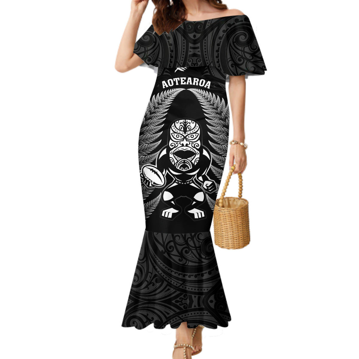 new-zealand-aotearoa-rugby-mermaid-dress-nz-tiki-with-maori-fern-world-cup-black-version