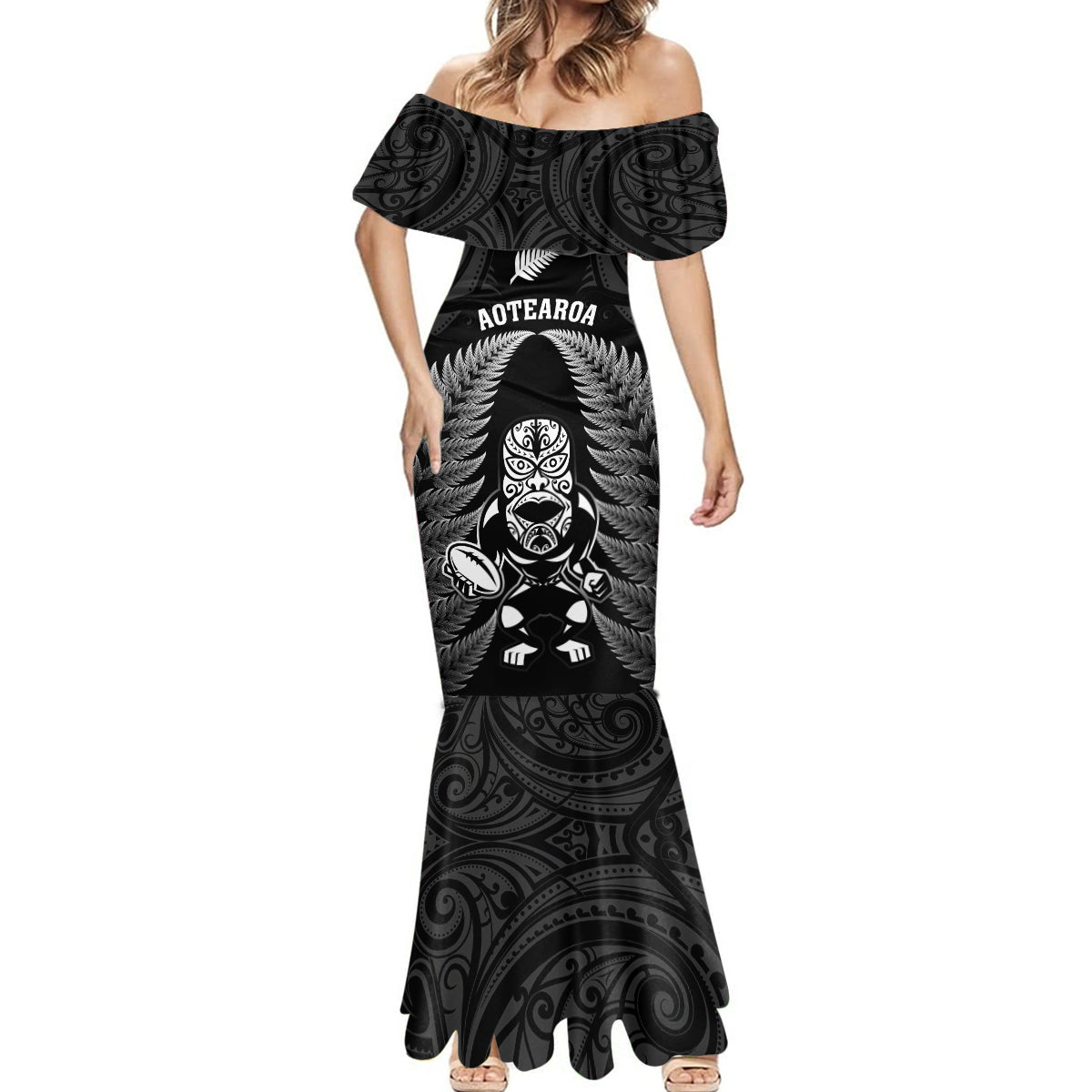 new-zealand-aotearoa-rugby-mermaid-dress-nz-tiki-with-maori-fern-world-cup-black-version