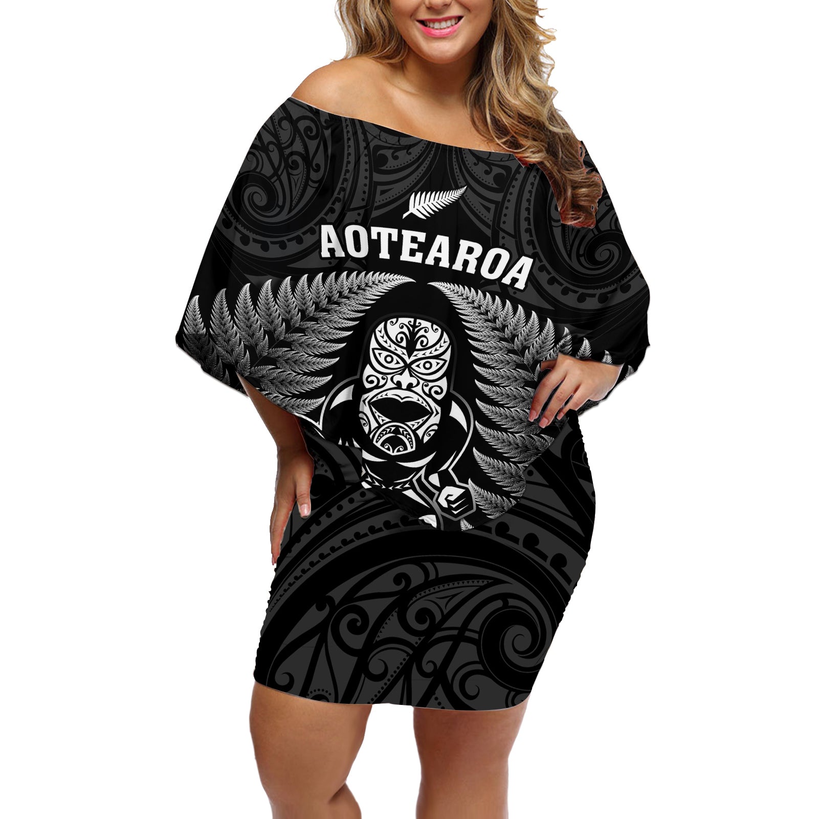 new-zealand-aotearoa-rugby-off-shoulder-short-dress-nz-tiki-with-maori-fern-world-cup-black-version
