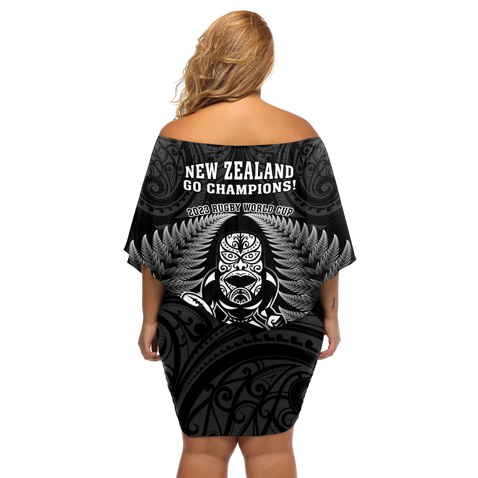 new-zealand-aotearoa-rugby-off-shoulder-short-dress-nz-tiki-with-maori-fern-world-cup-black-version