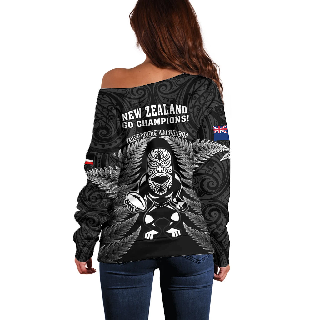 New Zealand Aotearoa Rugby Off Shoulder Sweater NZ Tiki With Maori Fern World Cup Black Version - Vibe Hoodie Shop