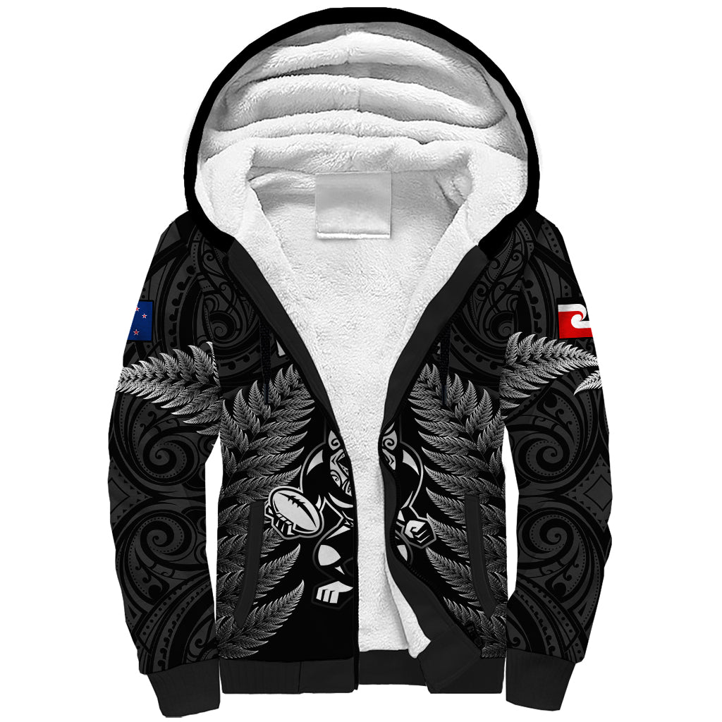New Zealand Aotearoa Rugby Sherpa Hoodie NZ Tiki With Maori Fern World Cup Black Version - Vibe Hoodie Shop