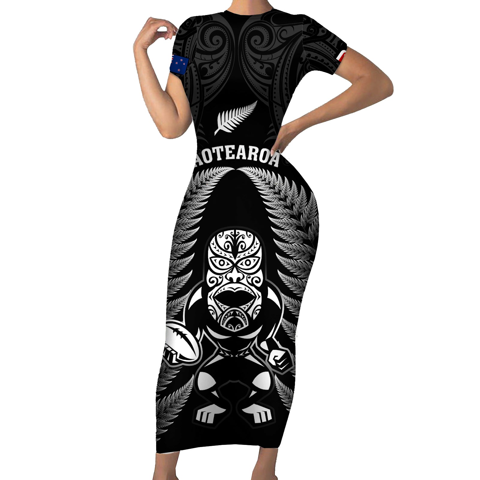 new-zealand-aotearoa-rugby-short-sleeve-bodycon-dress-nz-tiki-with-maori-fern-world-cup-black-version