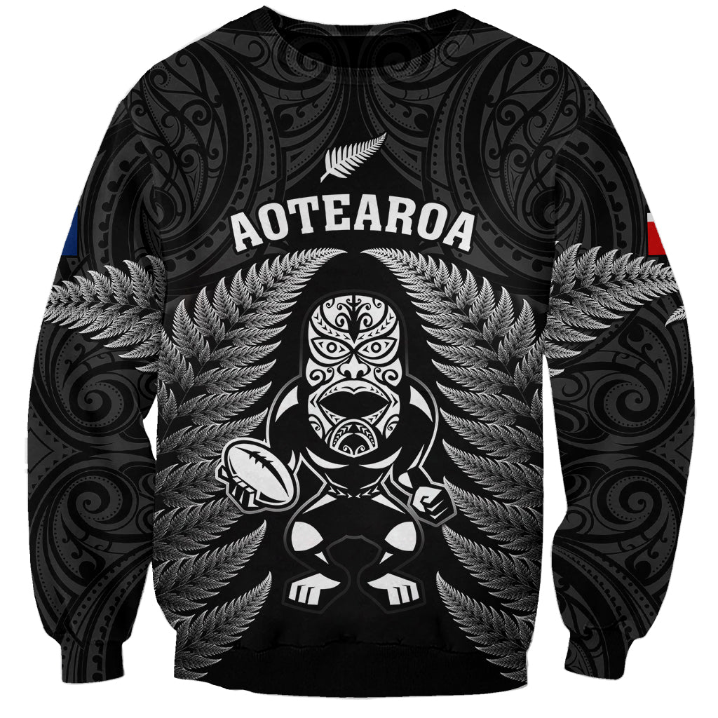 New Zealand Aotearoa Rugby Sweatshirt NZ Tiki With Maori Fern World Cup Black Version - Vibe Hoodie Shop