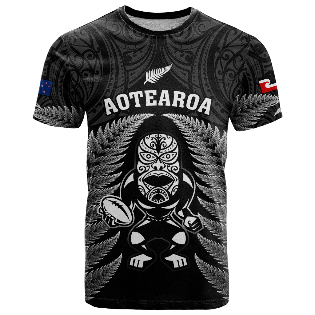 New Zealand Aotearoa Rugby T Shirt NZ Tiki With Maori Fern World Cup Black Version - Vibe Hoodie Shop