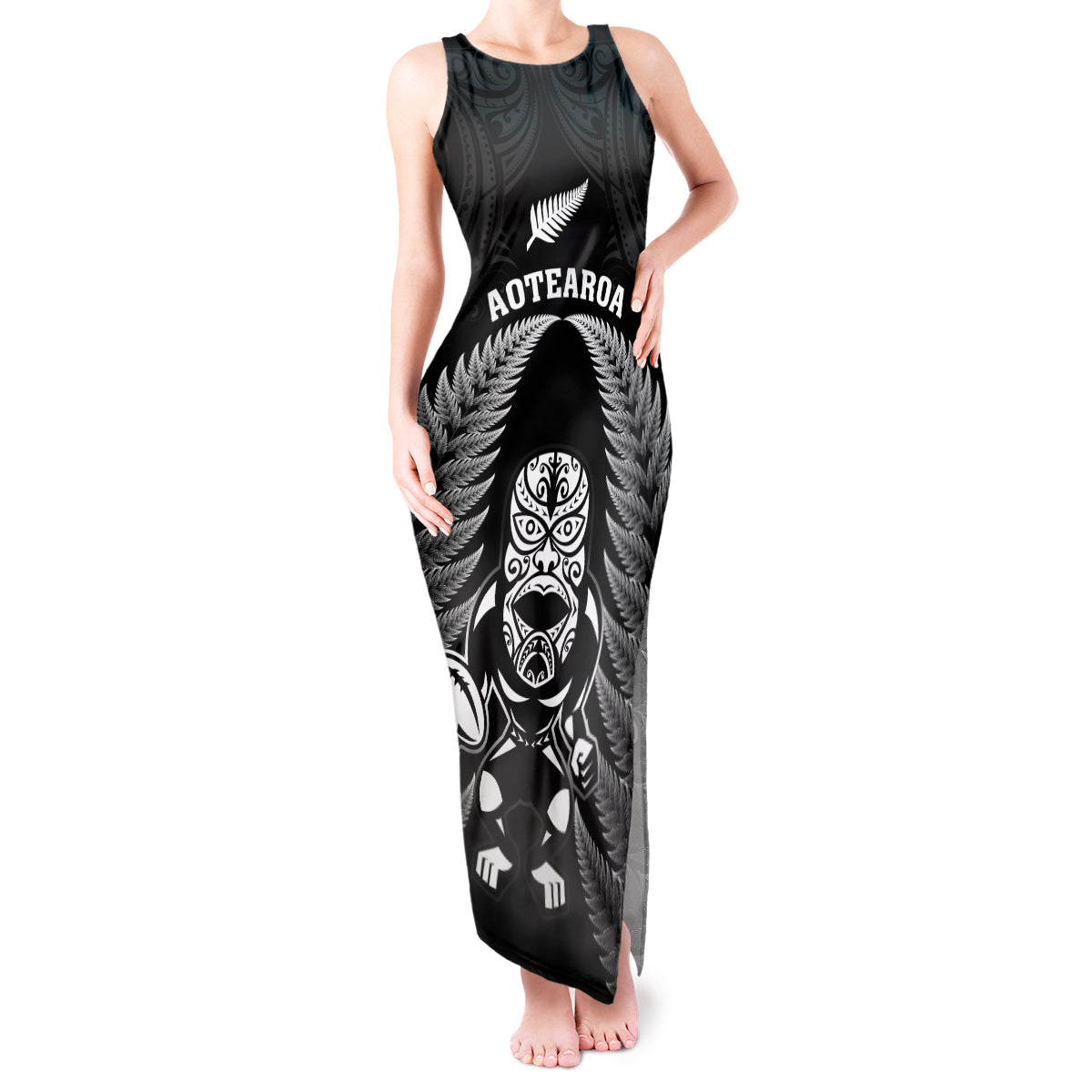new-zealand-aotearoa-rugby-tank-maxi-dress-nz-tiki-with-maori-fern-world-cup-black-version