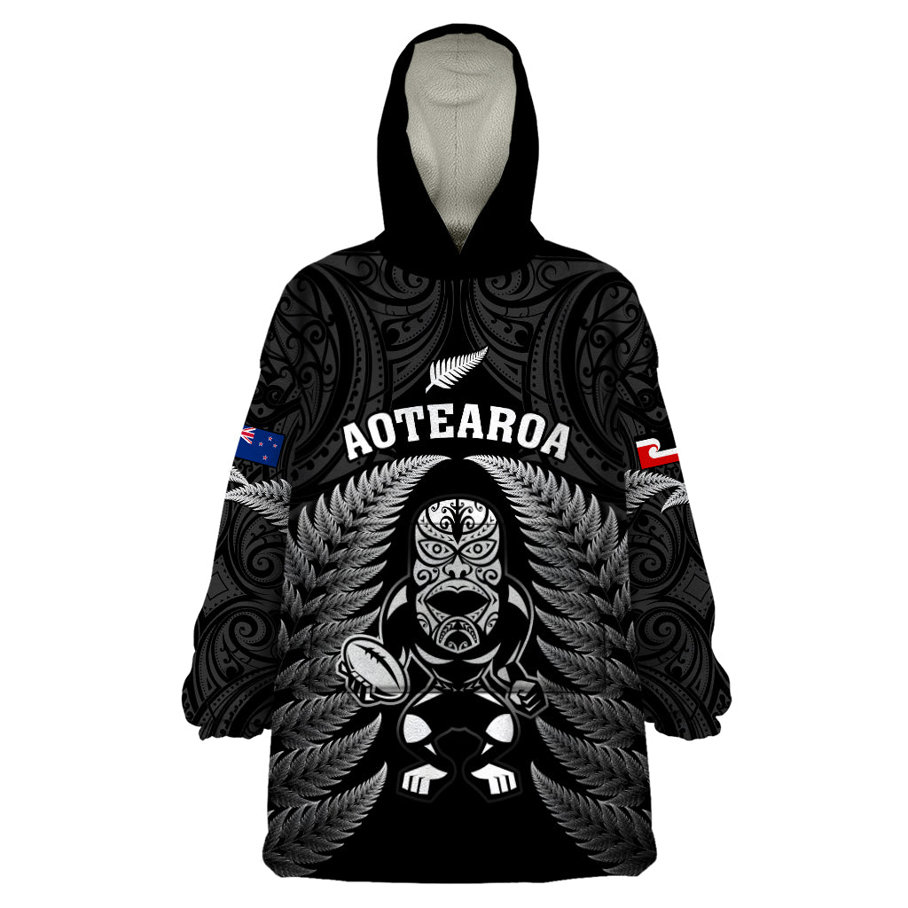 New Zealand Aotearoa Rugby Wearable Blanket Hoodie NZ Tiki With Maori Fern World Cup Black Version - Vibe Hoodie Shop