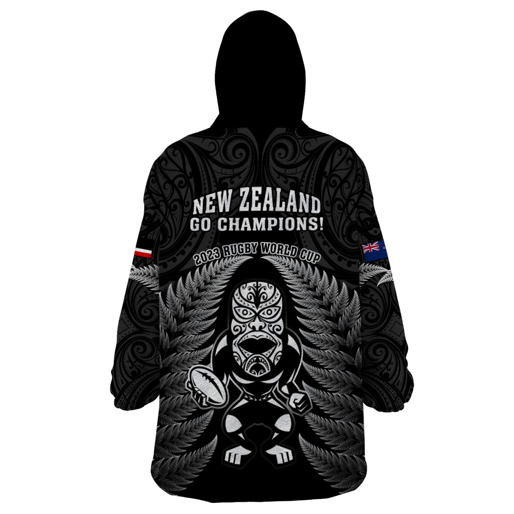 New Zealand Aotearoa Rugby Wearable Blanket Hoodie NZ Tiki With Maori Fern World Cup Black Version - Vibe Hoodie Shop