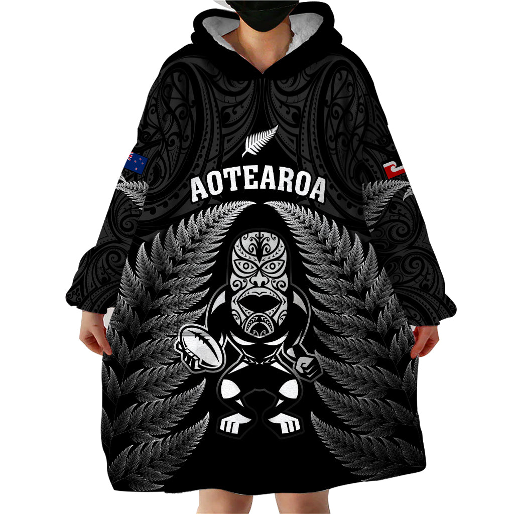 New Zealand Aotearoa Rugby Wearable Blanket Hoodie NZ Tiki With Maori Fern World Cup Black Version - Vibe Hoodie Shop