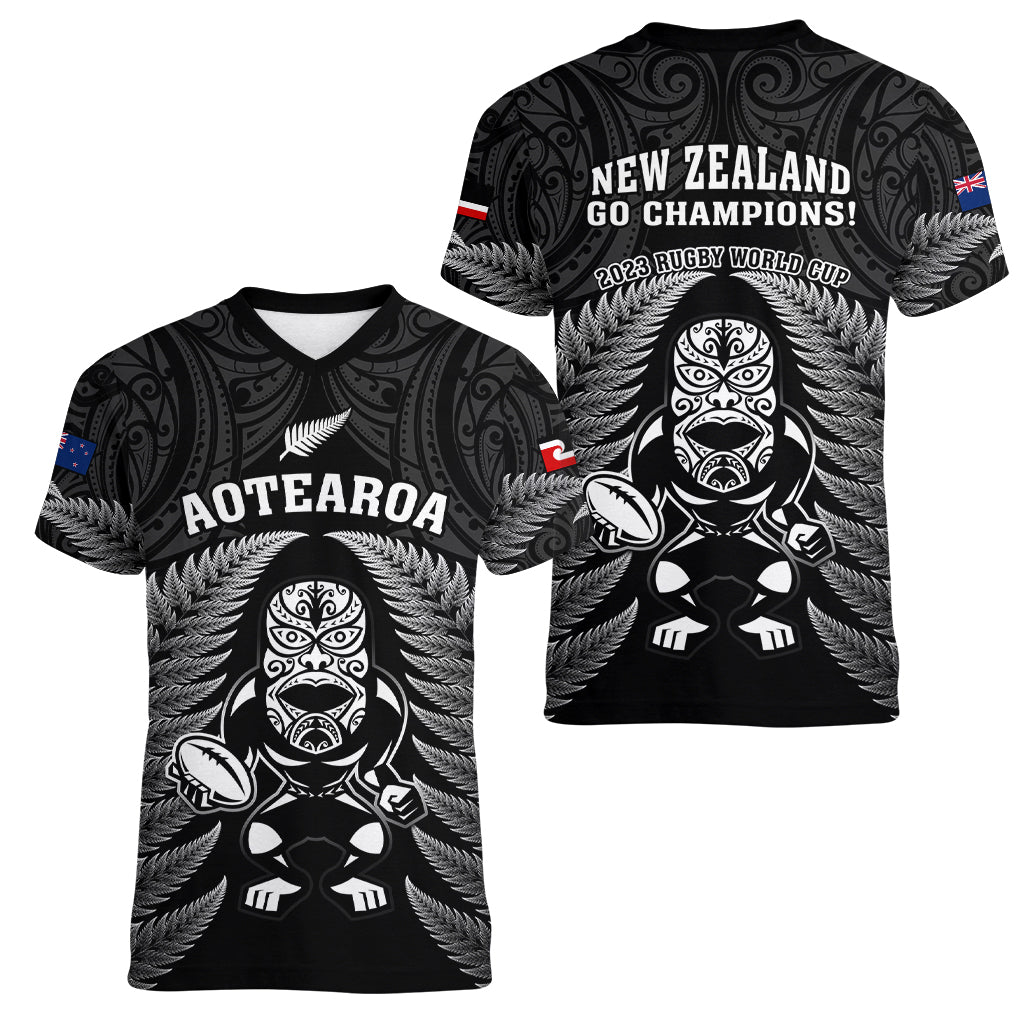New Zealand Aotearoa Rugby Women V Neck T Shirt NZ Tiki With Maori Fern World Cup Black Version - Vibe Hoodie Shop
