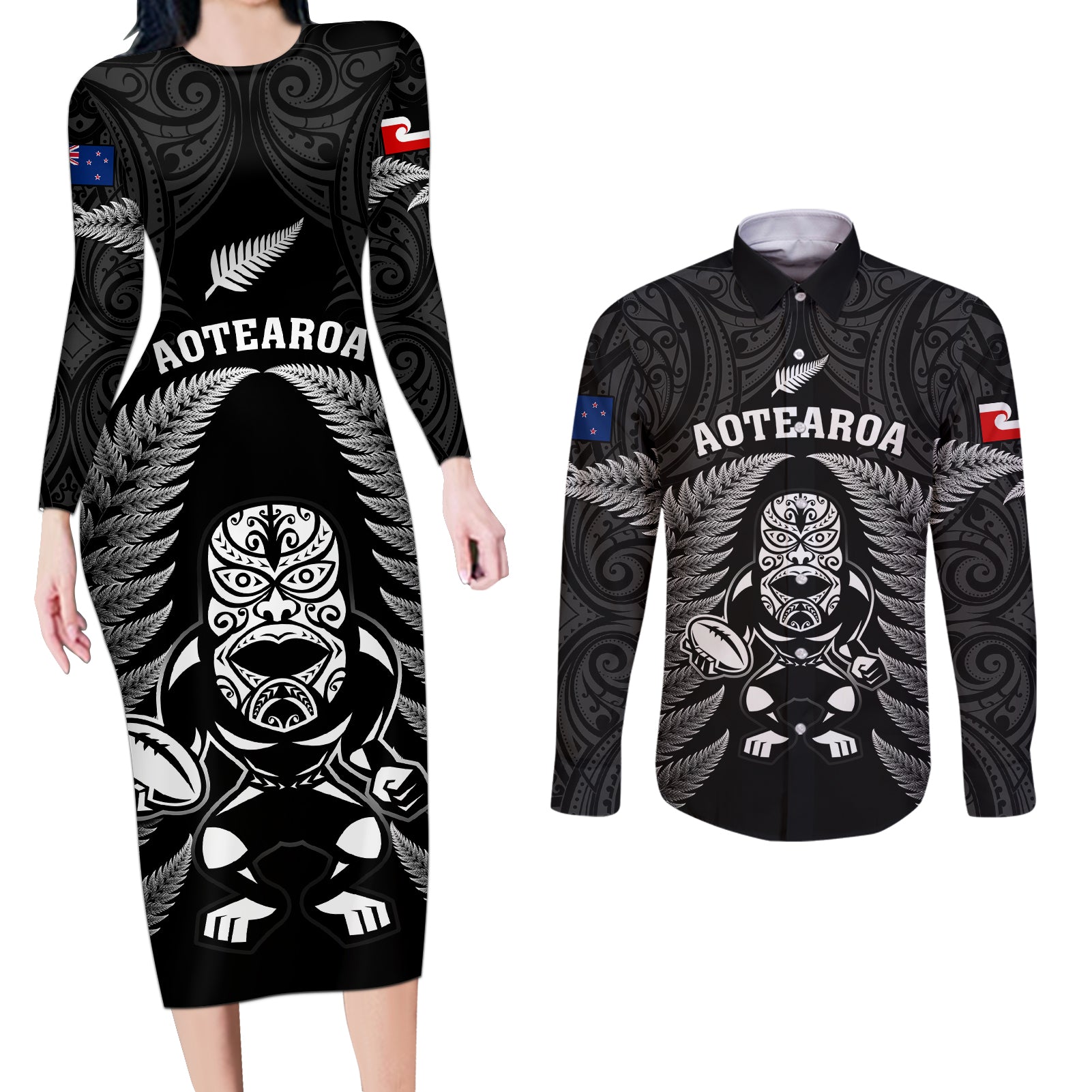 custom-new-zealand-aotearoa-rugby-couples-matching-long-sleeve-bodycon-dress-and-long-sleeve-button-shirts-nz-tiki-with-maori-fern-world-cup-black-version