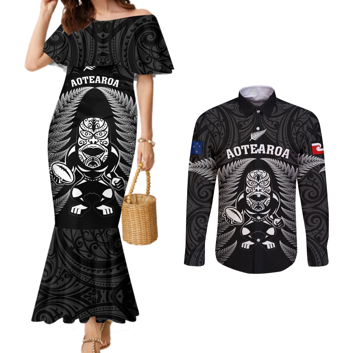 custom-new-zealand-aotearoa-rugby-couples-matching-mermaid-dress-and-long-sleeve-button-shirts-nz-tiki-with-maori-fern-world-cup-black-version