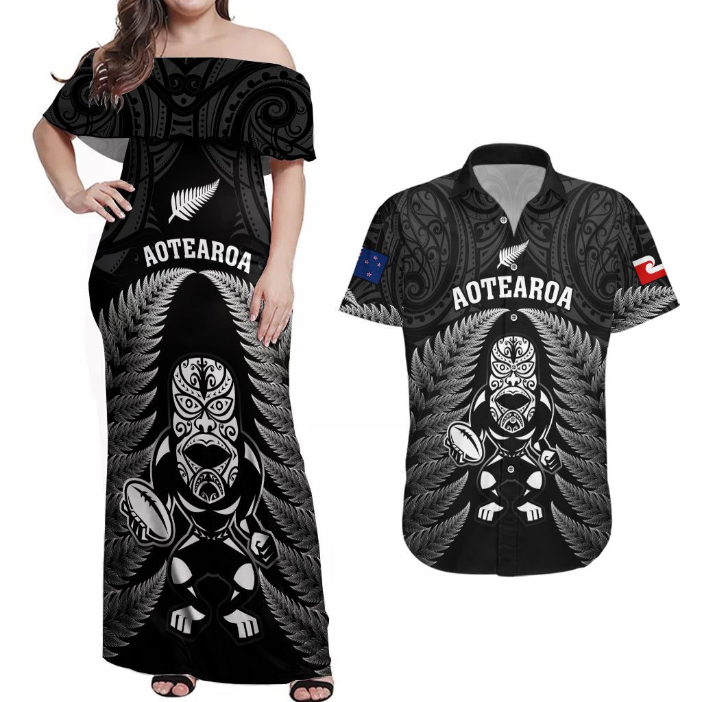 custom-new-zealand-aotearoa-rugby-couples-matching-off-shoulder-maxi-dress-and-hawaiian-shirt-nz-tiki-with-maori-fern-world-cup-black-version