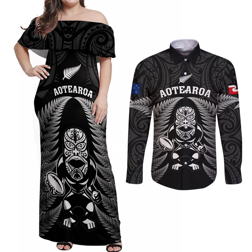 custom-new-zealand-aotearoa-rugby-couples-matching-off-shoulder-maxi-dress-and-long-sleeve-button-shirts-nz-tiki-with-maori-fern-world-cup-black-version