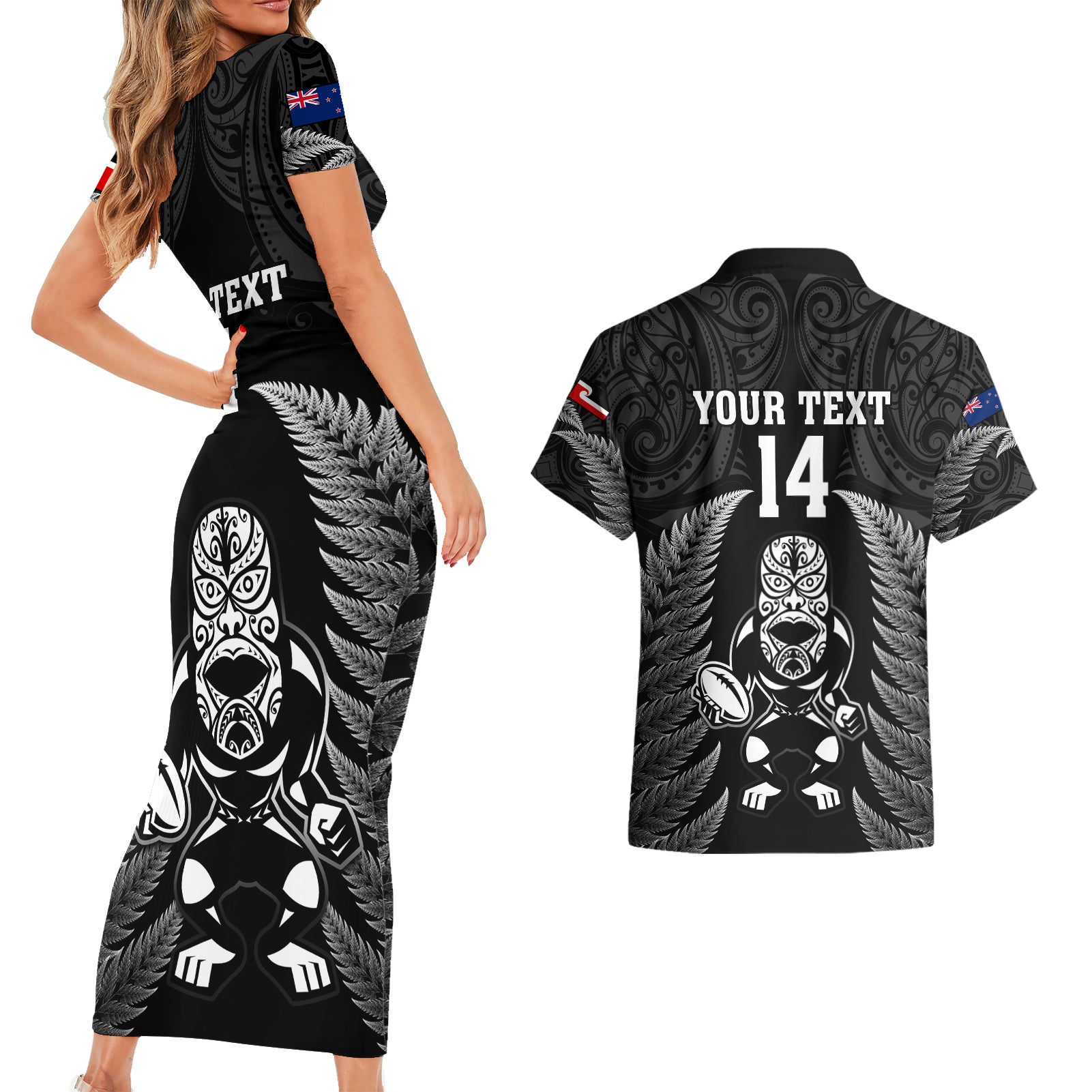 custom-new-zealand-aotearoa-rugby-couples-matching-short-sleeve-bodycon-dress-and-hawaiian-shirt-nz-tiki-with-maori-fern-world-cup-black-version