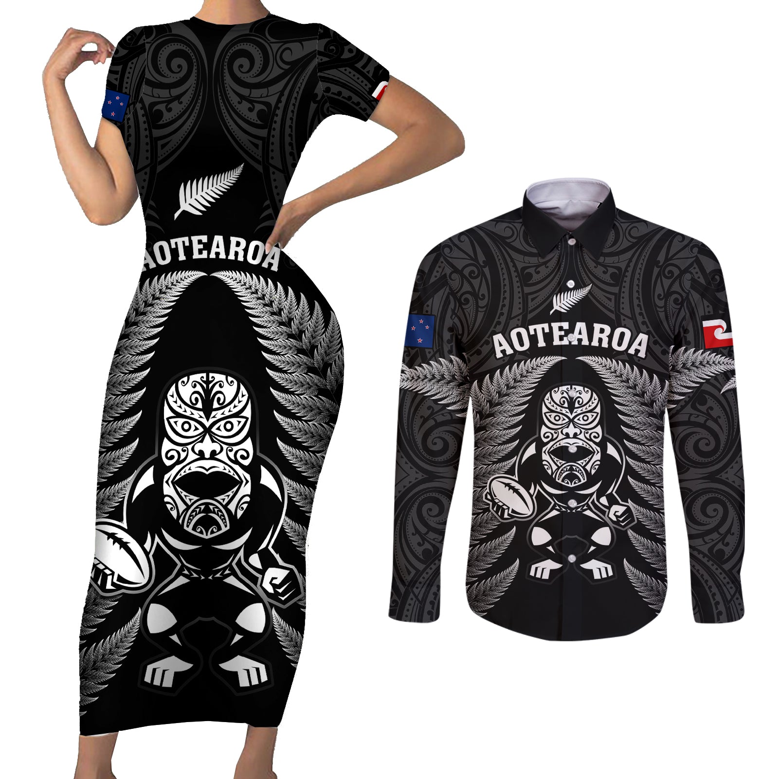 custom-new-zealand-aotearoa-rugby-couples-matching-short-sleeve-bodycon-dress-and-long-sleeve-button-shirts-nz-tiki-with-maori-fern-world-cup-black-version