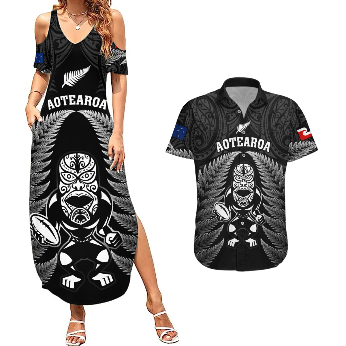 custom-new-zealand-aotearoa-rugby-couples-matching-summer-maxi-dress-and-hawaiian-shirt-nz-tiki-with-maori-fern-world-cup-black-version