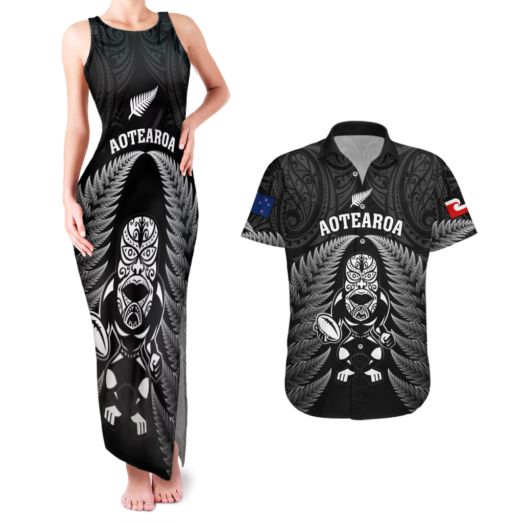 custom-new-zealand-aotearoa-rugby-couples-matching-tank-maxi-dress-and-hawaiian-shirt-nz-tiki-with-maori-fern-world-cup-black-version