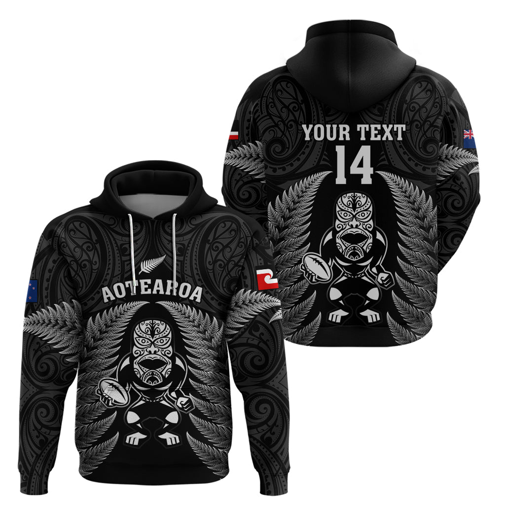 Custom New Zealand Aotearoa Rugby Hoodie NZ Tiki With Maori Fern World Cup Black Version - Vibe Hoodie Shop