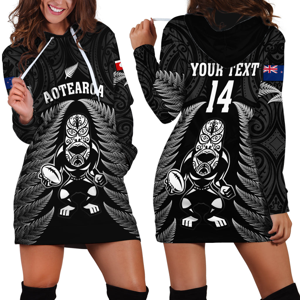 Custom New Zealand Aotearoa Rugby Hoodie Dress NZ Tiki With Maori Fern World Cup Black Version - Vibe Hoodie Shop