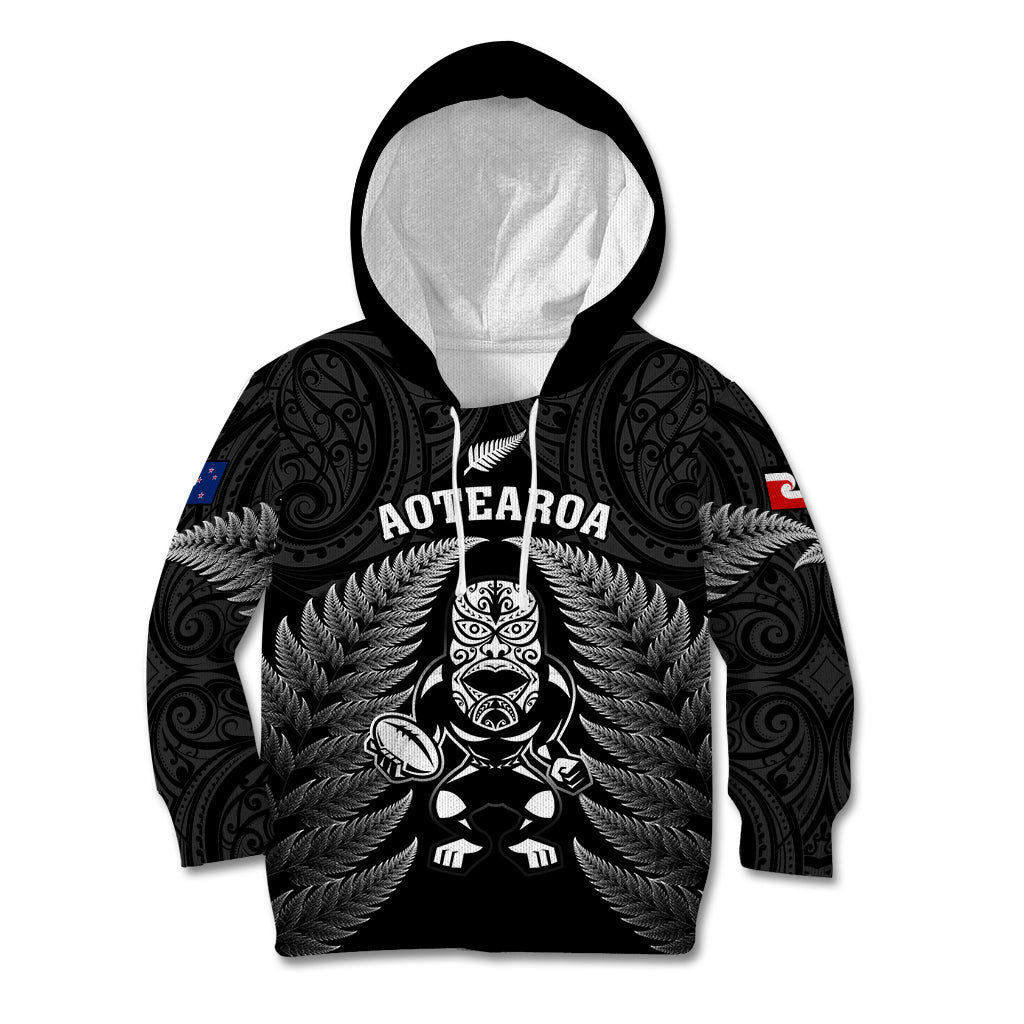 Custom New Zealand Aotearoa Rugby Kid Hoodie NZ Tiki With Maori Fern World Cup Black Version - Vibe Hoodie Shop