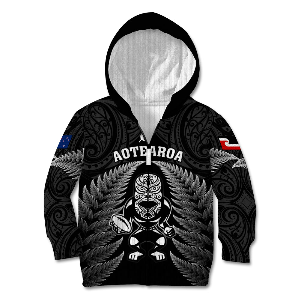 Custom New Zealand Aotearoa Rugby Kid Hoodie NZ Tiki With Maori Fern World Cup Black Version - Vibe Hoodie Shop