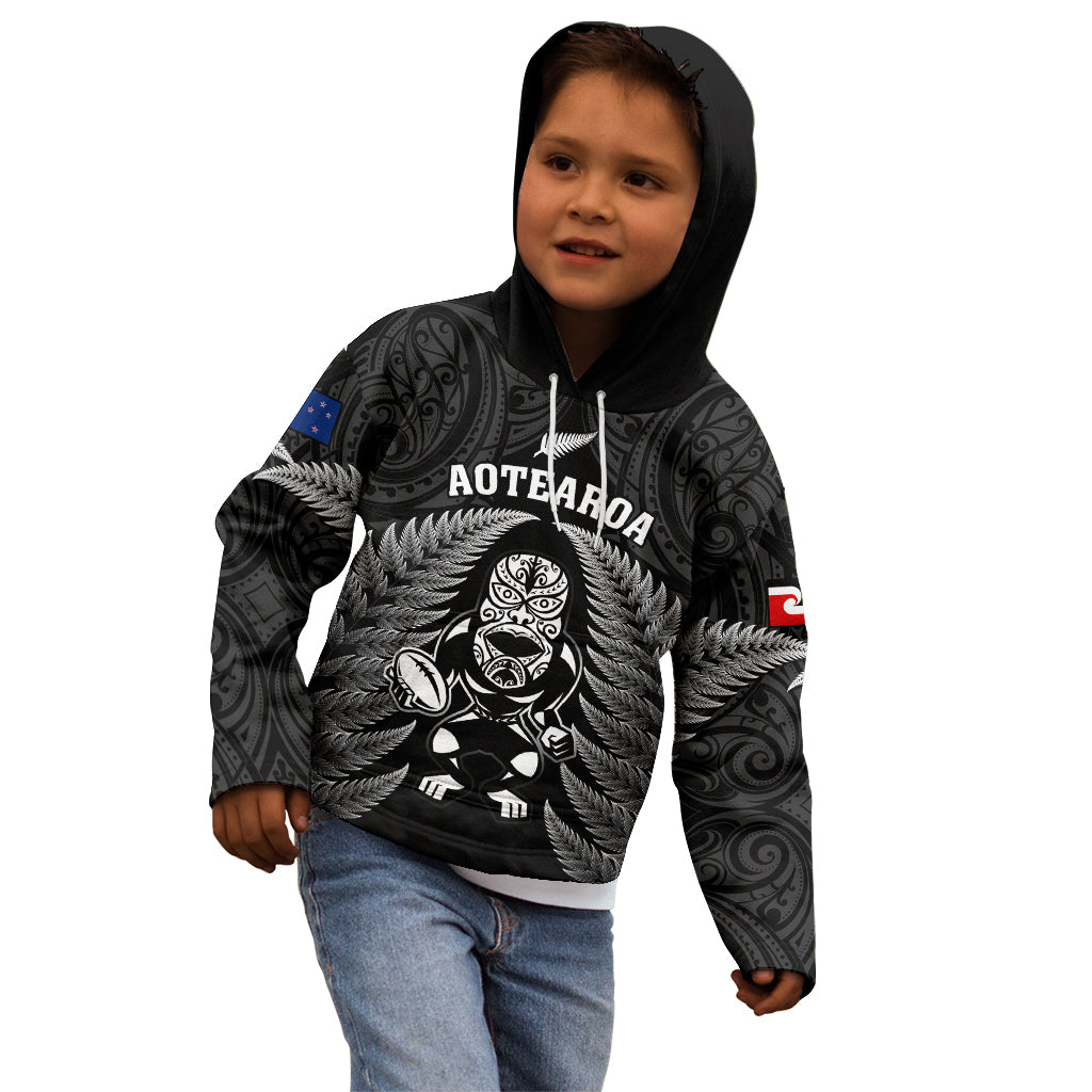 Custom New Zealand Aotearoa Rugby Kid Hoodie NZ Tiki With Maori Fern World Cup Black Version - Vibe Hoodie Shop