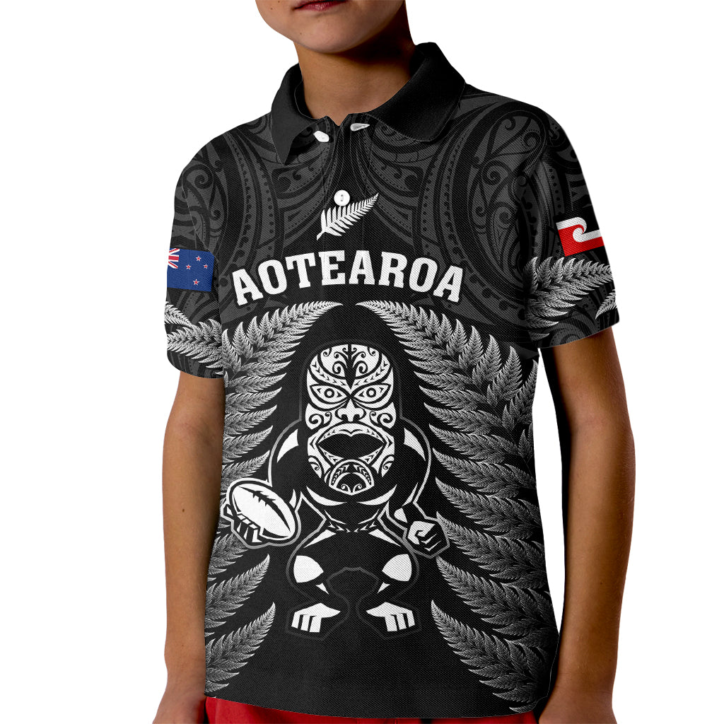 Custom New Zealand Aotearoa Rugby Kid Polo Shirt NZ Tiki With Maori Fern World Cup Black Version - Vibe Hoodie Shop