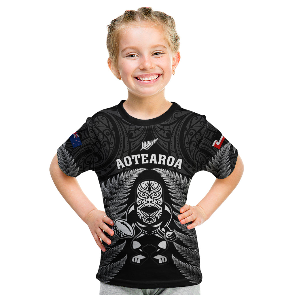 Custom New Zealand Aotearoa Rugby Kid T Shirt NZ Tiki With Maori Fern World Cup Black Version - Vibe Hoodie Shop