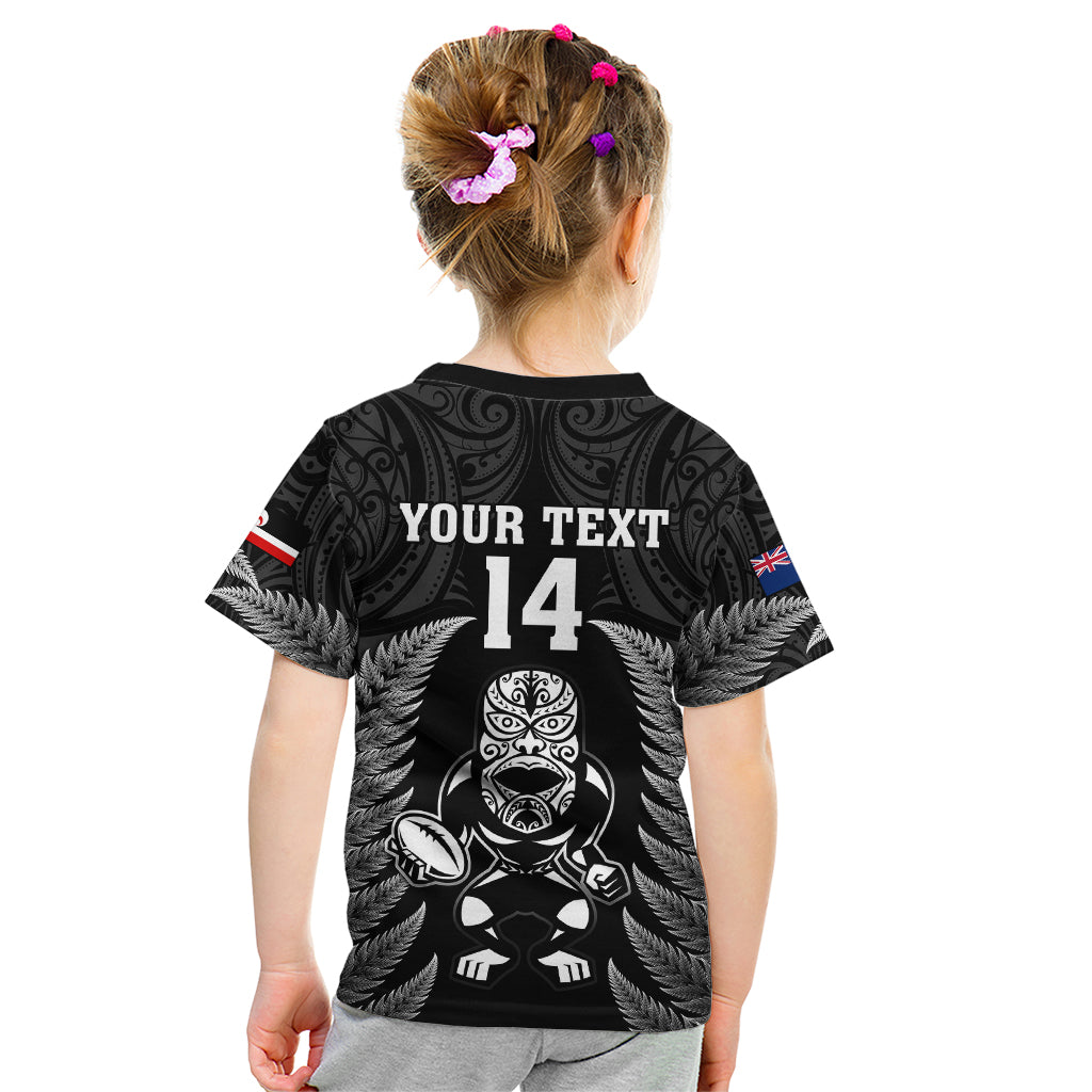 Custom New Zealand Aotearoa Rugby Kid T Shirt NZ Tiki With Maori Fern World Cup Black Version - Vibe Hoodie Shop