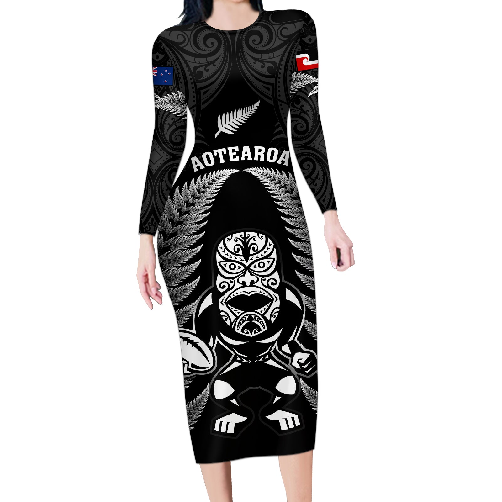 custom-new-zealand-aotearoa-rugby-long-sleeve-bodycon-dress-nz-tiki-with-maori-fern-world-cup-black-version