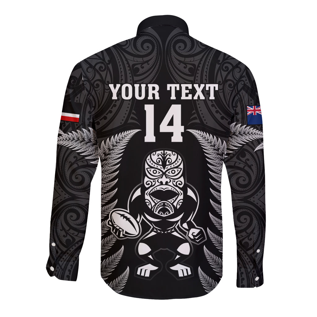 Custom New Zealand Aotearoa Rugby Long Sleeve Button Shirt NZ Tiki With Maori Fern World Cup Black Version - Vibe Hoodie Shop