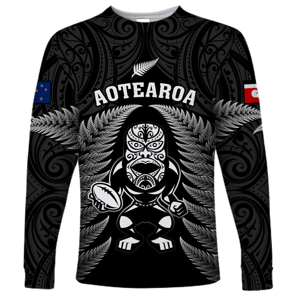 Custom New Zealand Aotearoa Rugby Long Sleeve Shirt NZ Tiki With Maori Fern World Cup Black Version - Vibe Hoodie Shop