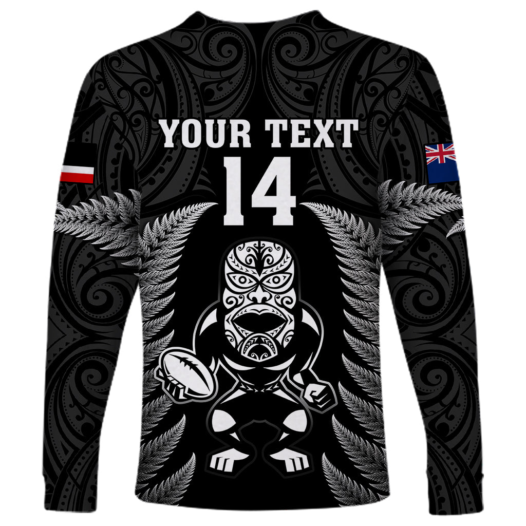 Custom New Zealand Aotearoa Rugby Long Sleeve Shirt NZ Tiki With Maori Fern World Cup Black Version - Vibe Hoodie Shop