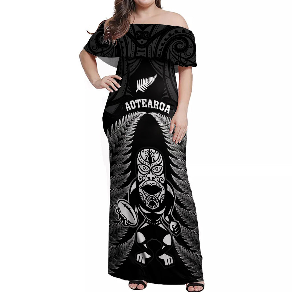 Custom New Zealand Aotearoa Rugby Off Shoulder Maxi Dress NZ Tiki With Maori Fern World Cup Black Version - Vibe Hoodie Shop