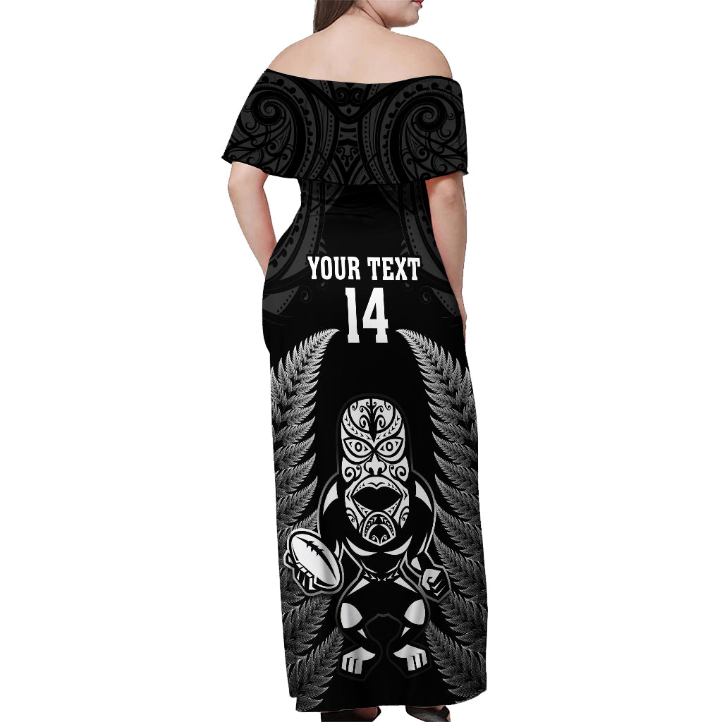 Custom New Zealand Aotearoa Rugby Off Shoulder Maxi Dress NZ Tiki With Maori Fern World Cup Black Version - Vibe Hoodie Shop