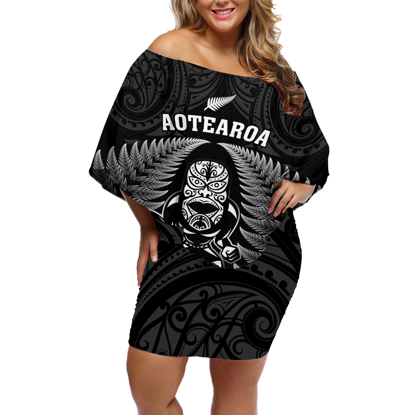 custom-new-zealand-aotearoa-rugby-off-shoulder-short-dress-nz-tiki-with-maori-fern-world-cup-black-version