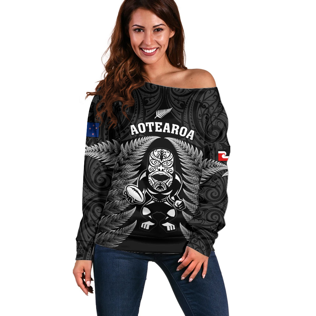 Custom New Zealand Aotearoa Rugby Off Shoulder Sweater NZ Tiki With Maori Fern World Cup Black Version - Vibe Hoodie Shop