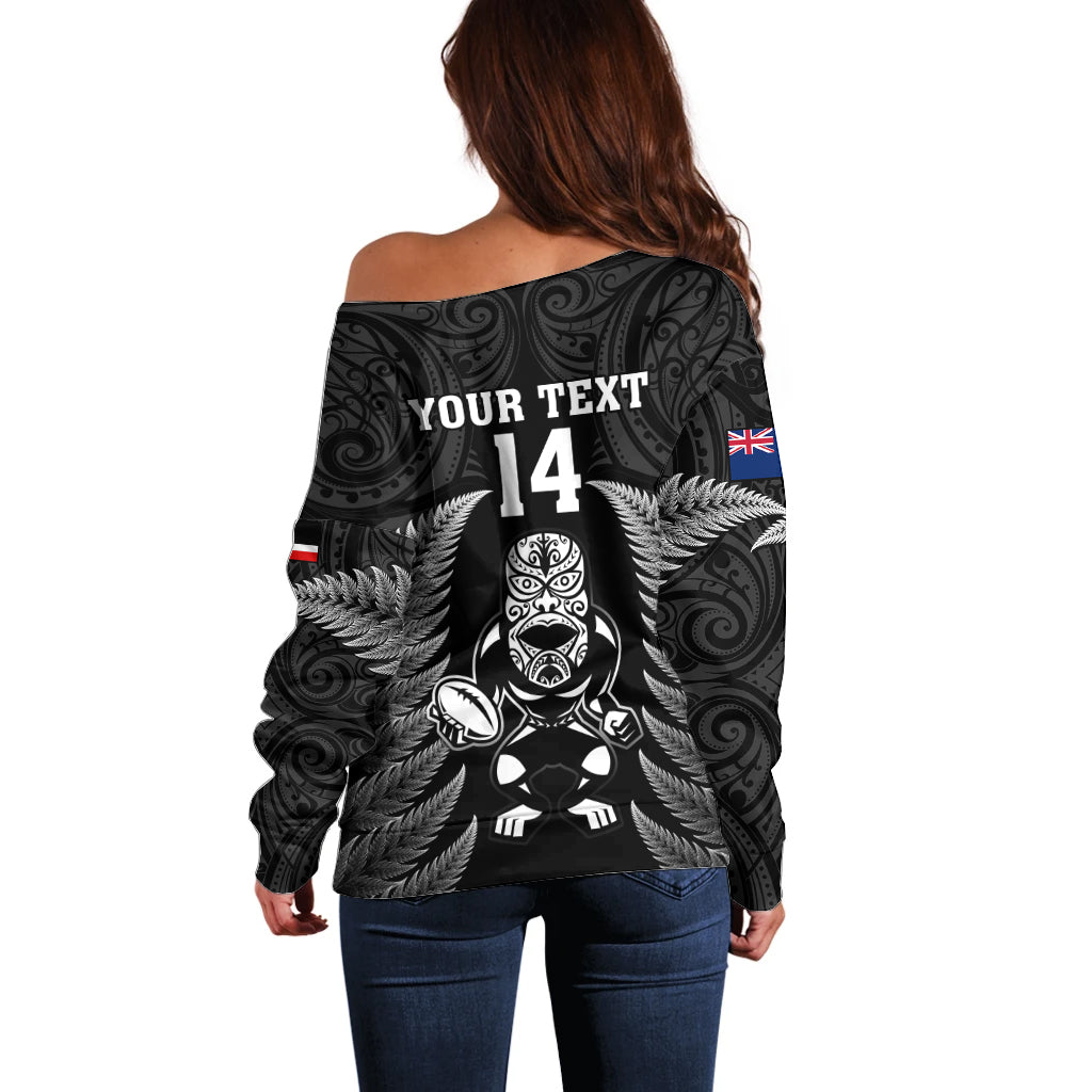 Custom New Zealand Aotearoa Rugby Off Shoulder Sweater NZ Tiki With Maori Fern World Cup Black Version - Vibe Hoodie Shop