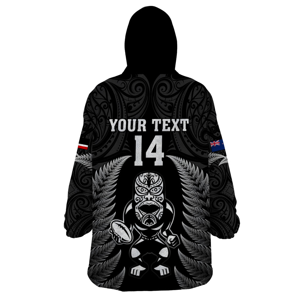 Custom New Zealand Aotearoa Rugby Wearable Blanket Hoodie NZ Tiki With Maori Fern World Cup Black Version - Vibe Hoodie Shop