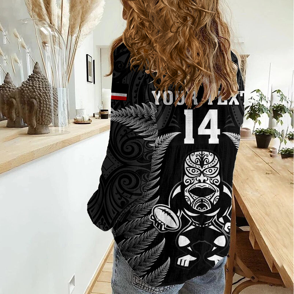 Custom New Zealand Aotearoa Rugby Women Casual Shirt NZ Tiki With Maori Fern World Cup Black Version - Vibe Hoodie Shop