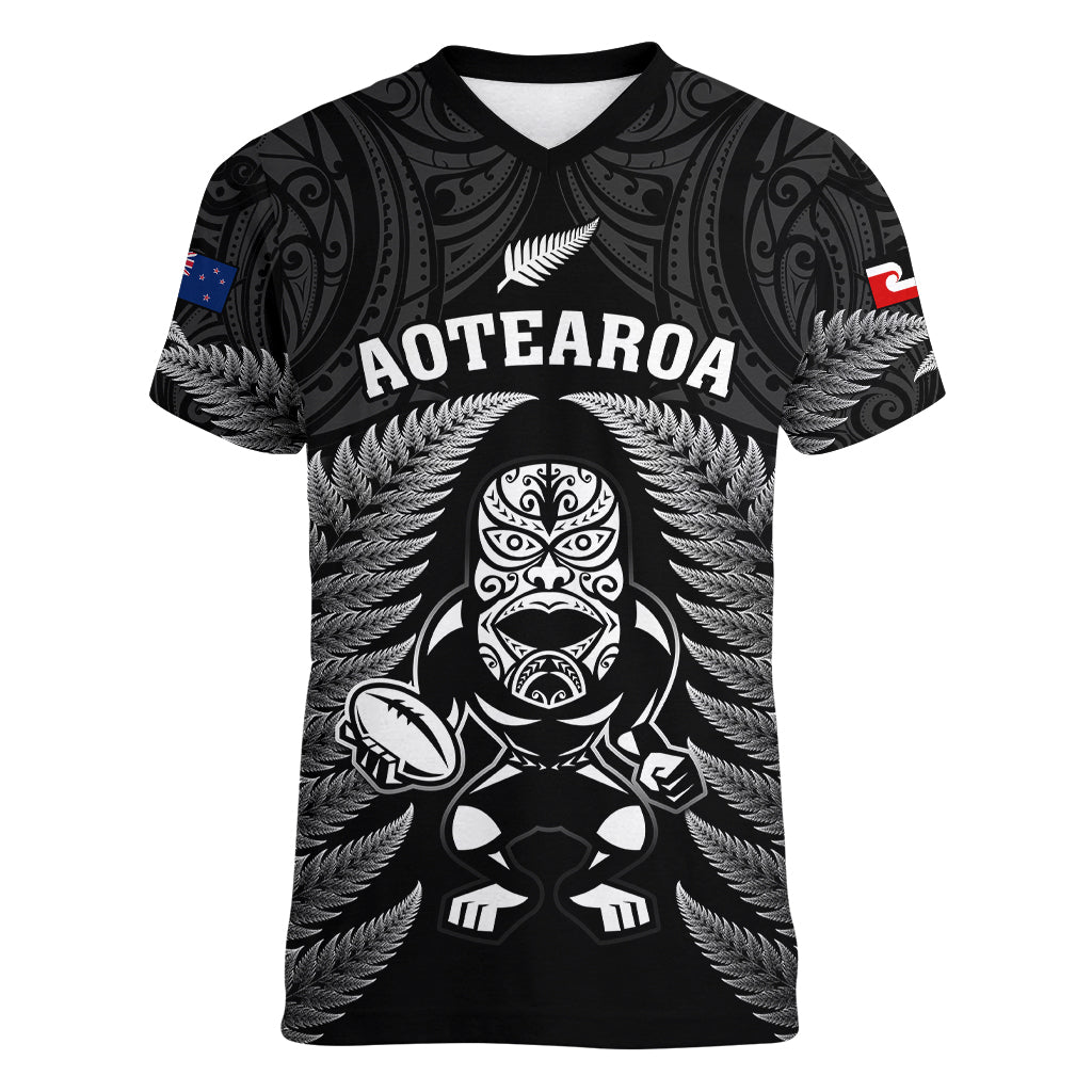 Custom New Zealand Aotearoa Rugby Women V Neck T Shirt NZ Tiki With Maori Fern World Cup Black Version - Vibe Hoodie Shop