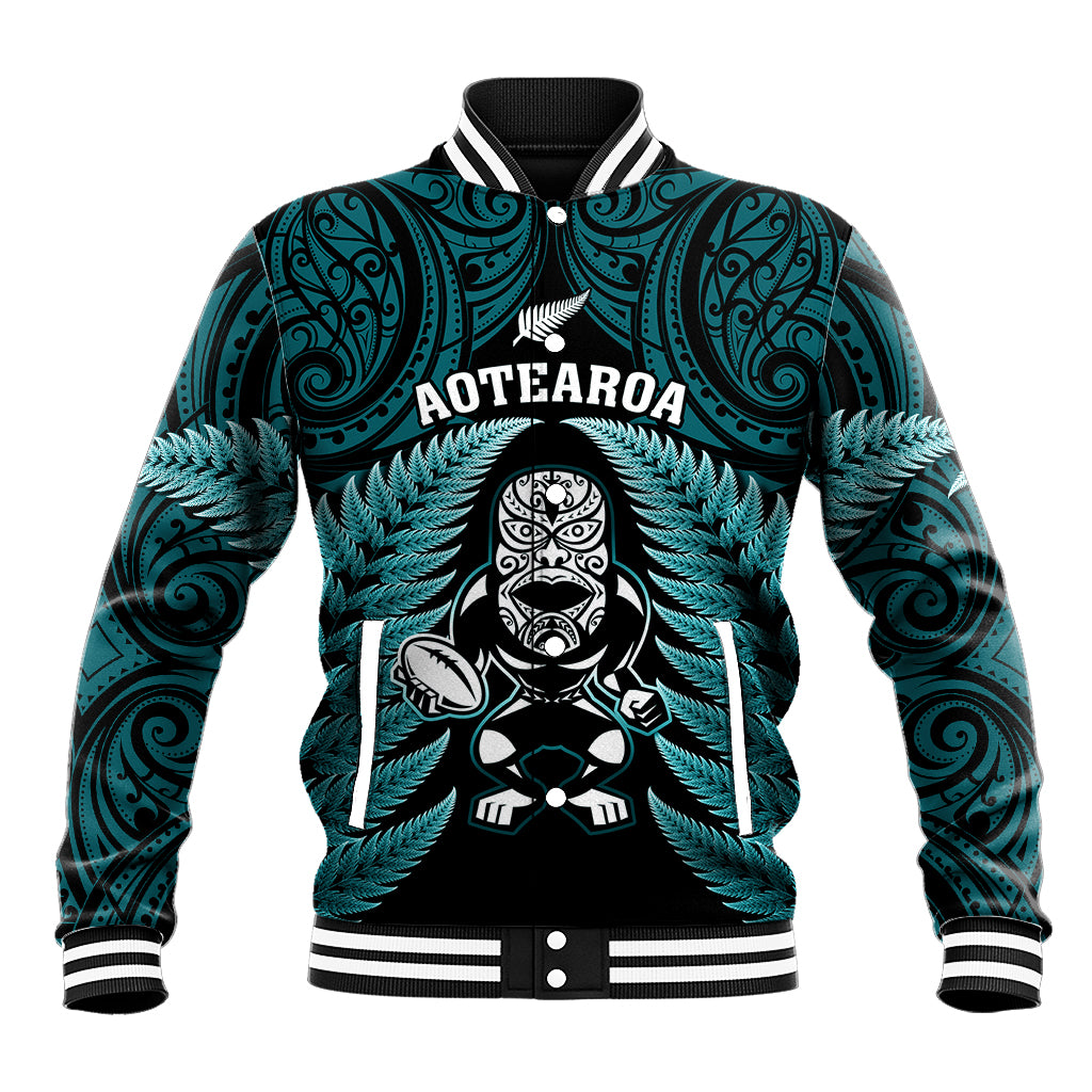 New Zealand Aotearoa Rugby Baseball Jacket NZ Tiki With Maori Fern World Cup Turquoise Version - Vibe Hoodie Shop
